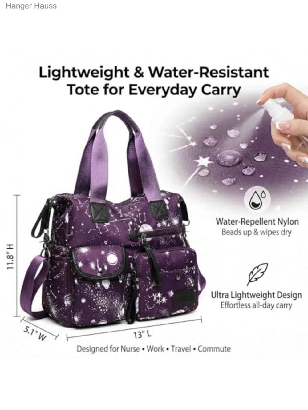 Nylon Tote Bag with Pockets, Shoulder Crossbody Satchel for Work